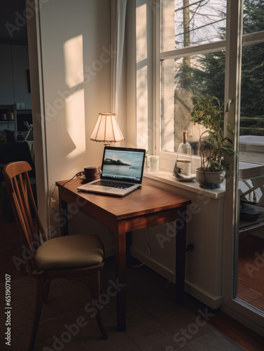 ein spärlich eingerichtetes Zimmer mit Holztisch, Stuhl und aufgeklapptem Laptop, a sparsely furnished room with wooden table, chair and unfolded laptop