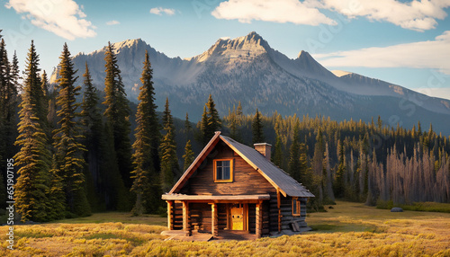 Illustration of a remote cabin in the north of canada or alaska infront of a mountain range and a forest during golden hour with a meadow infront of the house