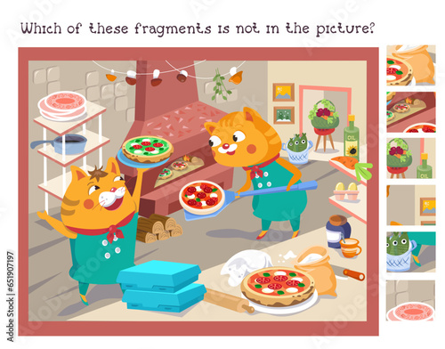 Find the hidden fragments. Educational game for kids. Puzzle in cartoon style. Cute pizzaiolo cat with pizza. Vector illustration for children.