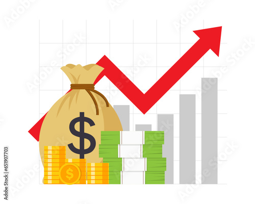 business graph arrow up growth investment and money bag coin. chart finance income increase growing. vector illustration flat design.