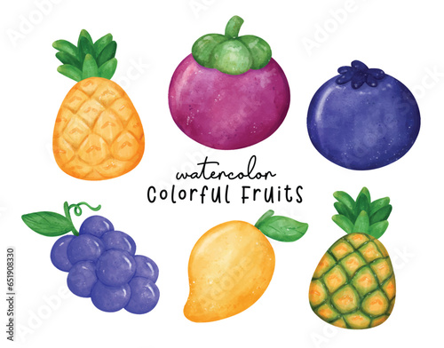Colorful Watercolor Tropical Fruits Illustration, Hand-Drawn Exotic Fruit Collection in Vibrant Watercolors