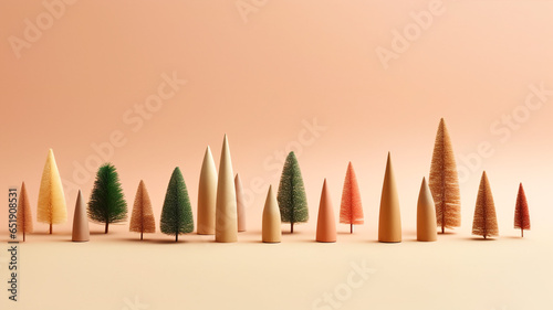 Christmas New Years banner row of wooden and artificial mini Christmas trees on pink background. Minimalist decoration of home interior