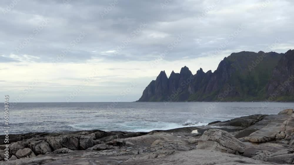 Landscape of Tungeneset, Devils teeth sharp mountain peaks, Senja island, Norway