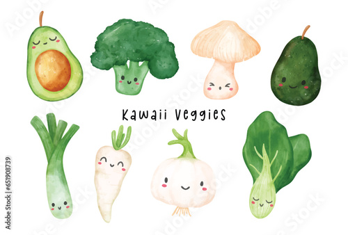 Cute Watercolor Kawaii Vegetable Character Collection