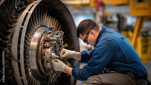 aircraft engine repair service. A man repairs an airplane engine.