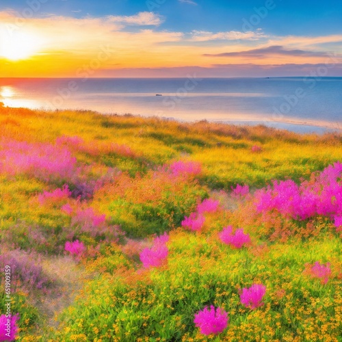 Wildflowers in the coastal sand dunes on a coastline at sunset