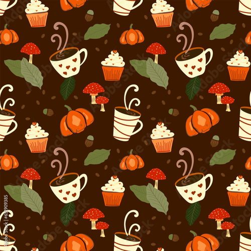 Autumn seamless pattern with, leaves, acorn, hot coffee, pumpkin, cupcake and  mushrooms. Autumn harvest, halloween or Thanksgiving on dark brown color background design