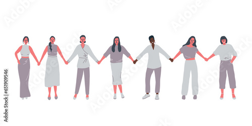 Women are holding hands. International Women's Day concept. Women's community. Female solidarity. Vector illustration