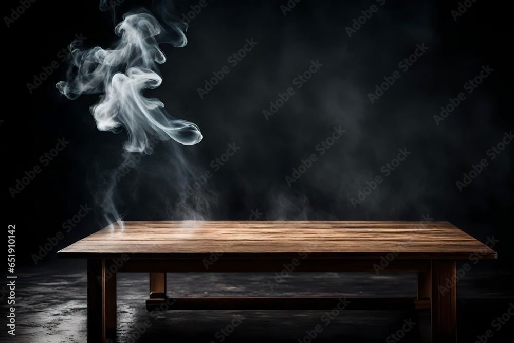 3d rendering empty wooden table with smoke float up on dark background 