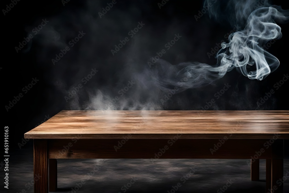 3d rendering empty wooden table with smoke float up on dark background 