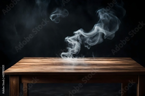 3d rendering empty wooden table with smoke float up on dark background 