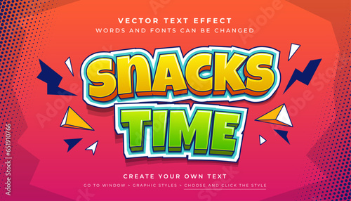 Vector Editable 3D outlined comic text effect. Fun snacks time graphic style on halftone abstract background