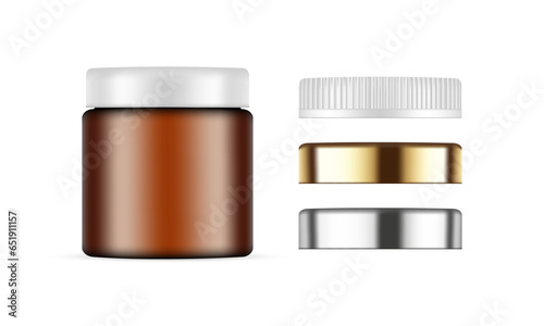 Amber Cosmetic Cream Jar Mockup With Different Caps, Isolated on White Background. Vector Illustration