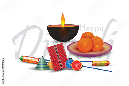 diwali festival crackers, diya lamp, sweet set realistic vector illustration. 