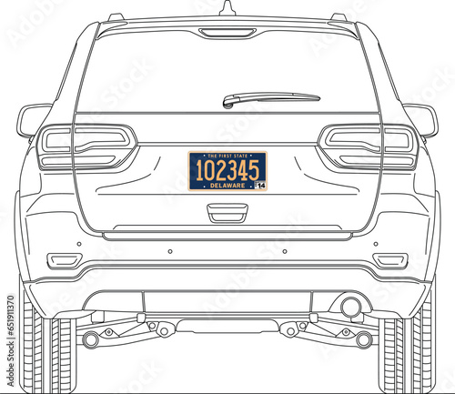 Delaware State car license plate in the back of a car, USA, United States, vector illustration