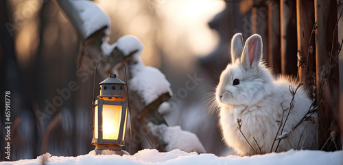 Christmas lantern in the snow and bunny. 