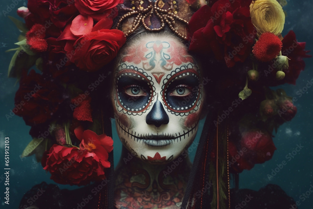 Day of remembrance of all the dead. Day of the Dead in Mexico. Portrait of a girl with scary make-up for the Day of the Dead.