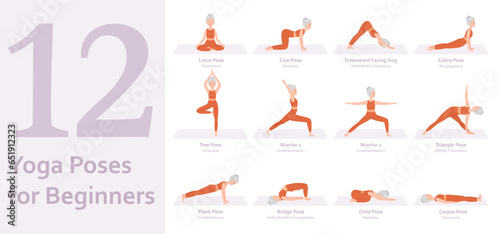 Yoga poses for Beginners. Elderly woman practicing yoga asana. Healthy lifestyle. Full body yoga, fitness, aerobic and exercises workout. Flat cartoon character. Vector illustration