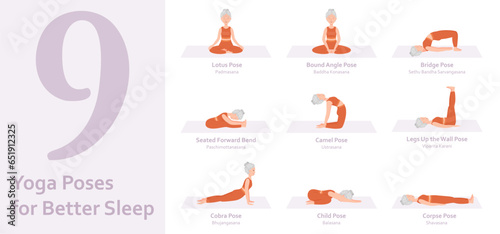 Yoga poses for Better Sleep. Elderly woman practicing yoga asana. Healthy lifestyle. Full body yoga, fitness, aerobic and exercises workout. Flat cartoon character. Vector illustration