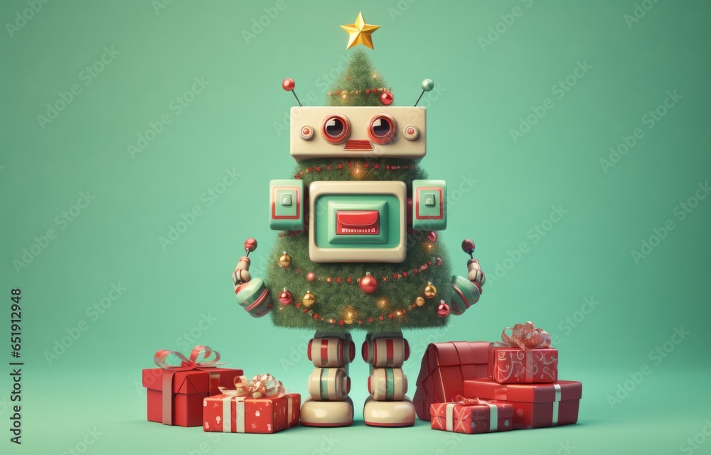 A robotic christmas tree stands proudly amidst a flurry of futuristic presents, bringing joy and excitement to the new year with its cheerful and playful spirit