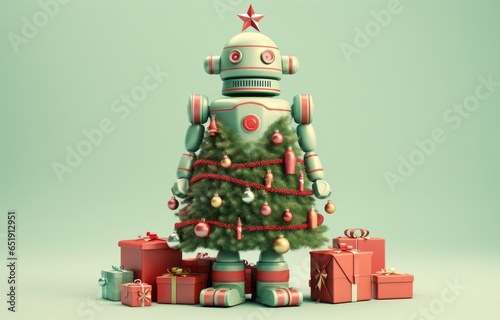A futuristic robot adorned with a festive blocks christmas tree stands proudly in anticipation of the upcoming new year  a joyful symbol of happiness and renewal