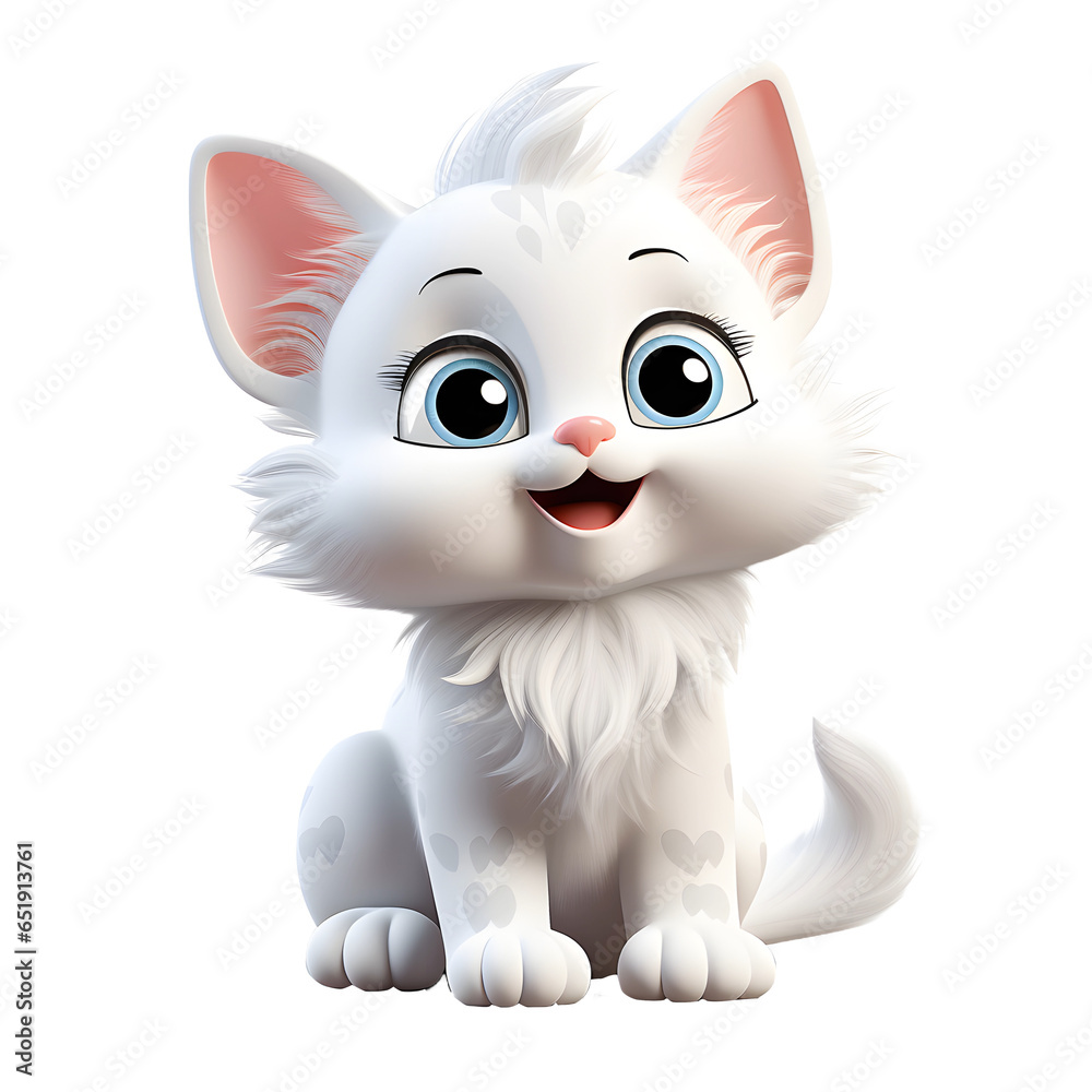 3D cartoon white cat toy isolated on transparent png background