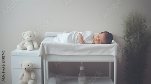 The baby fell asleep on the changing table. Medicine, breastfeeding, day and sleep of the child photo