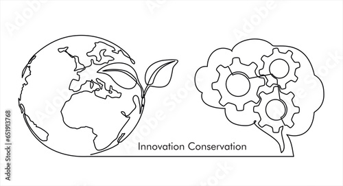Earth globe with plant, thoughts  in a brain with gears in one continuous line drawing. Concept of Eco innovation, idea of green energy and global solution with electricity in simple doodle