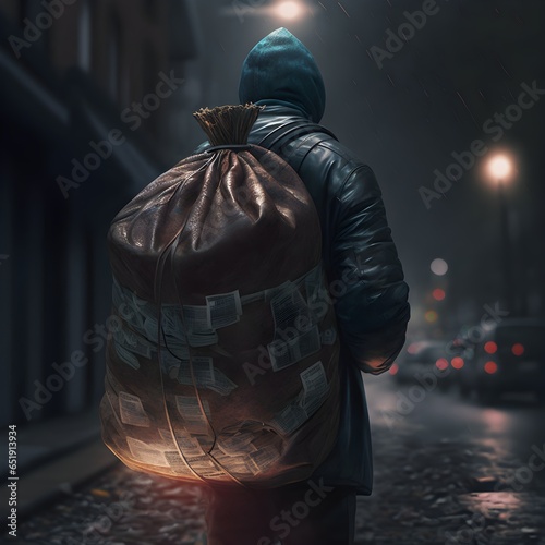 Man standing bag full of dollars dark street his heart is glowing and wounded cinematographic realistic 4k 