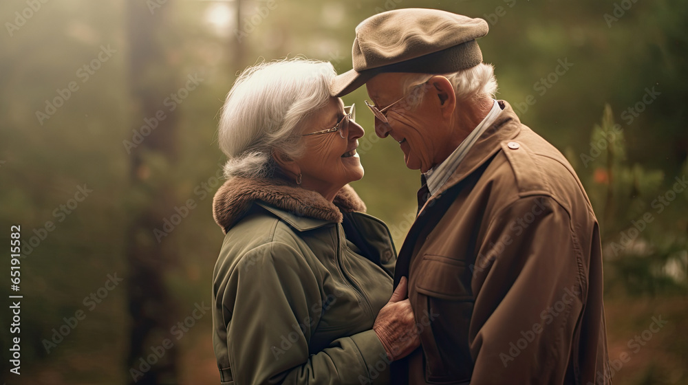 A happy elderly couple falling in love in the nature. elderly people. Generative Ai