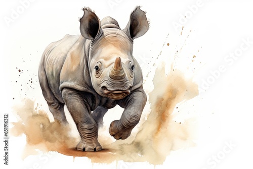 A majestic rhinoceros sprinting through the dusty terrain created with Generative AI technology