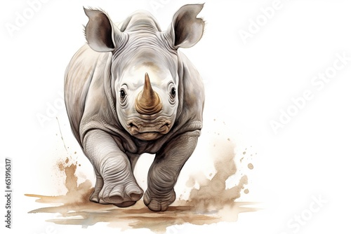 A running rhinoceros on a white background created with Generative AI technology