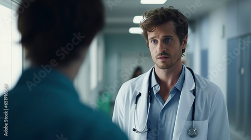 copy space, stockphoto, Portrait of young male doctor standing in corridor at hospital Healthcare theme. Handsome male doctor in a hospital. Copy space available.
