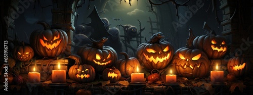 Digital illustration of a group of jack-o'-lanterns with sinister, grimacing expressions, illuminated by candlelight. Halloween banner background. Generative Ai