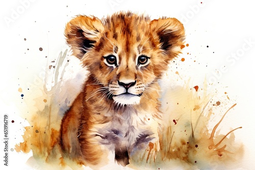 A adorable baby lion cub captured in a vibrant watercolor painting created with Generative AI technology photo