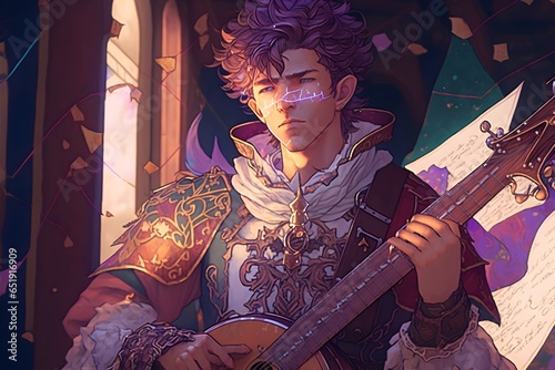 dungeons and dragons hero Eko a 19 year old male human Bard singing in a heroic pose full body otome character design hyperdetailed beautifully colorcoded insane details intricate details  photo