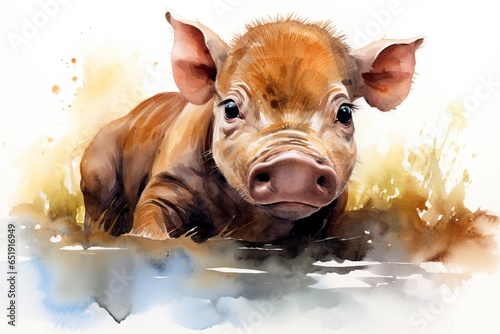 A charming watercolor painting capturing the innocence and beauty of a baby cow created with Generative AI technology photo