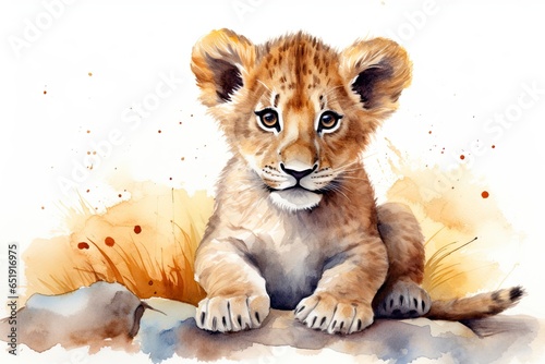 A watercolor painting capturing the innocence and beauty of a baby lion cub created with Generative AI technology