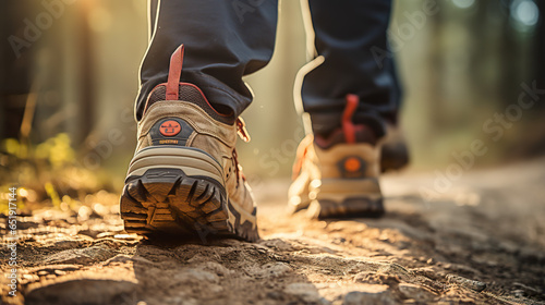 Hikers strolling through a forest bathed in the warm glow of the setting sun, with a focus on the rear view of a hiker's shoe