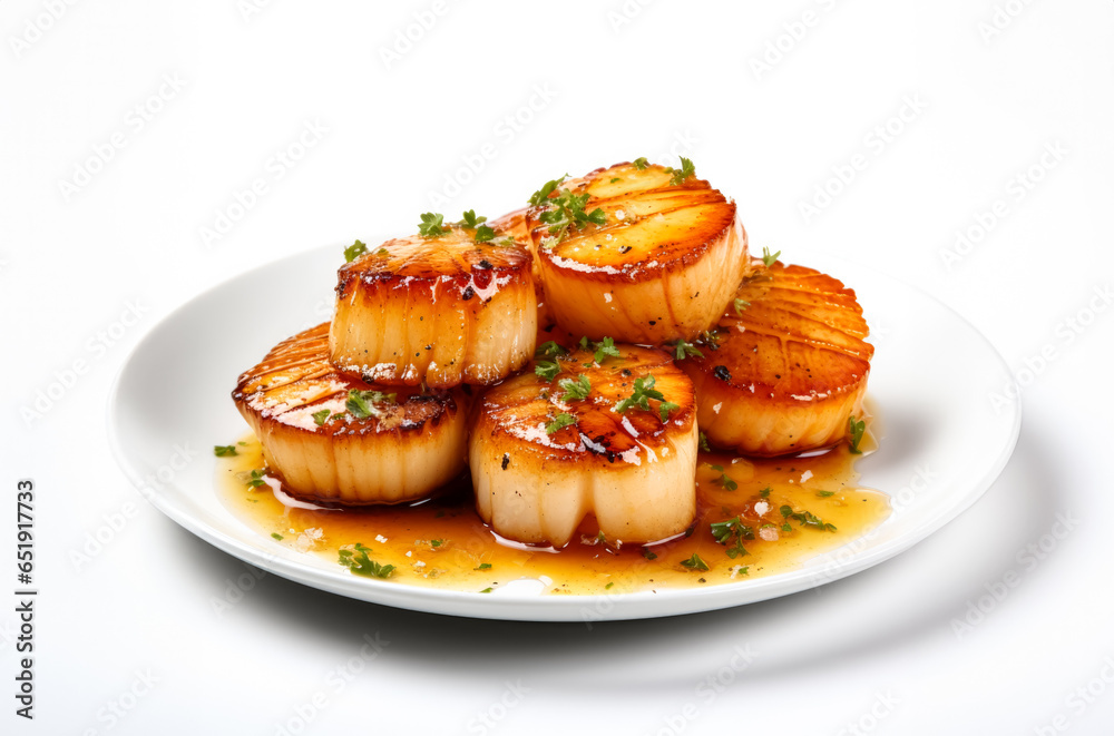Scallops with buttery sauce beautifully isolated against a pure white background 