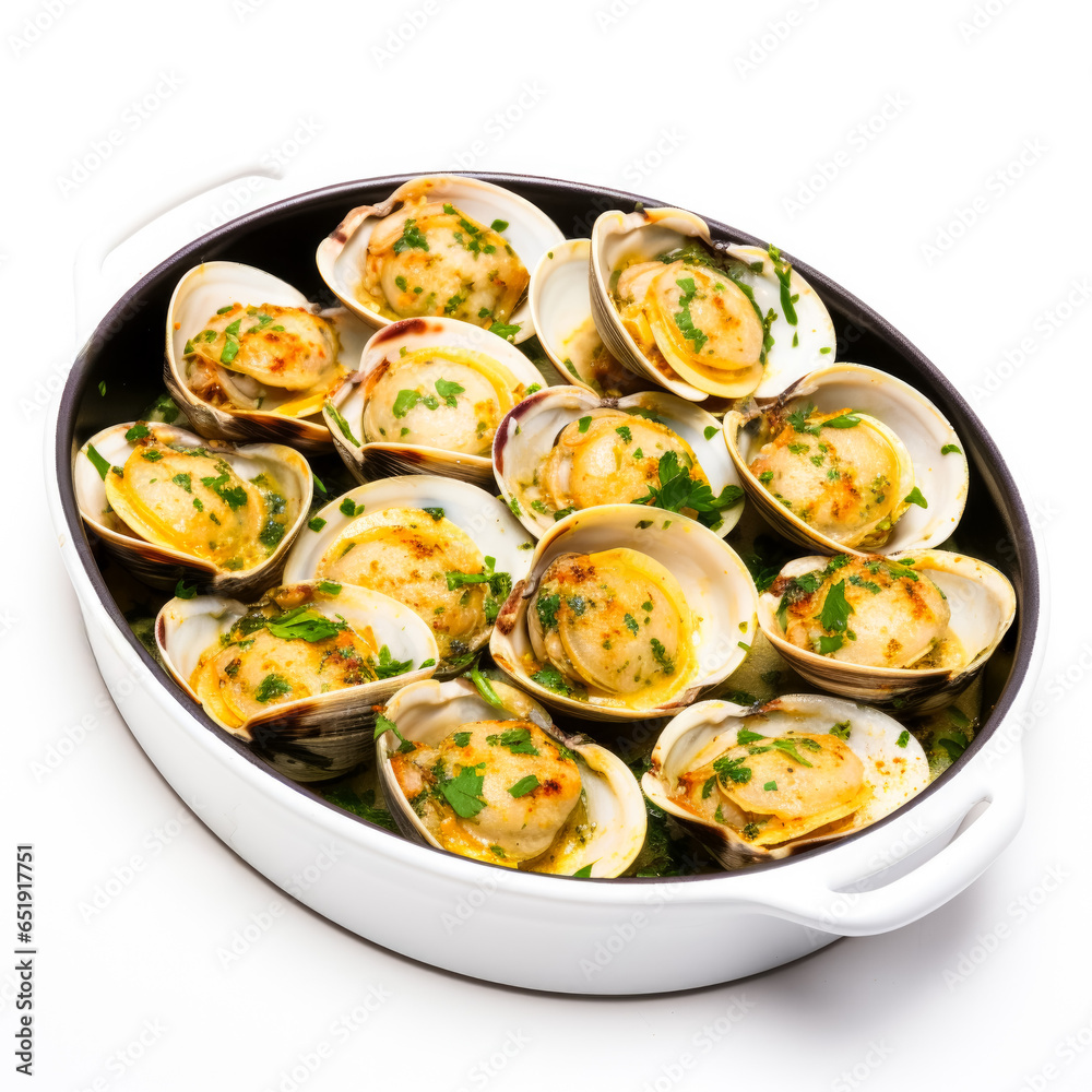 Garlic and herb baked clams aesthetically isolated on a white background 