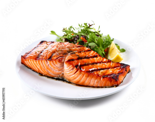 Grilled salmon steak isolated on a white background 