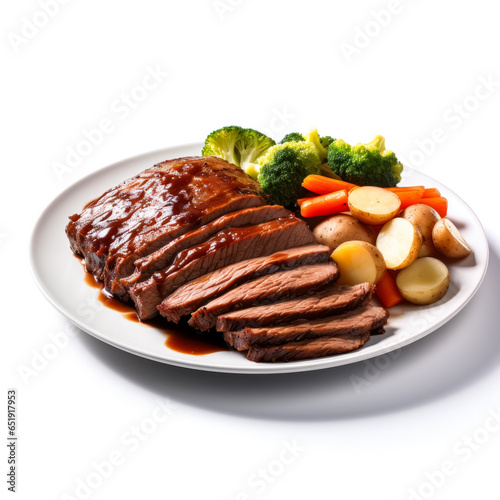 Slow-cooked beef brisket with vegetables exquisitely isolated on a white background 