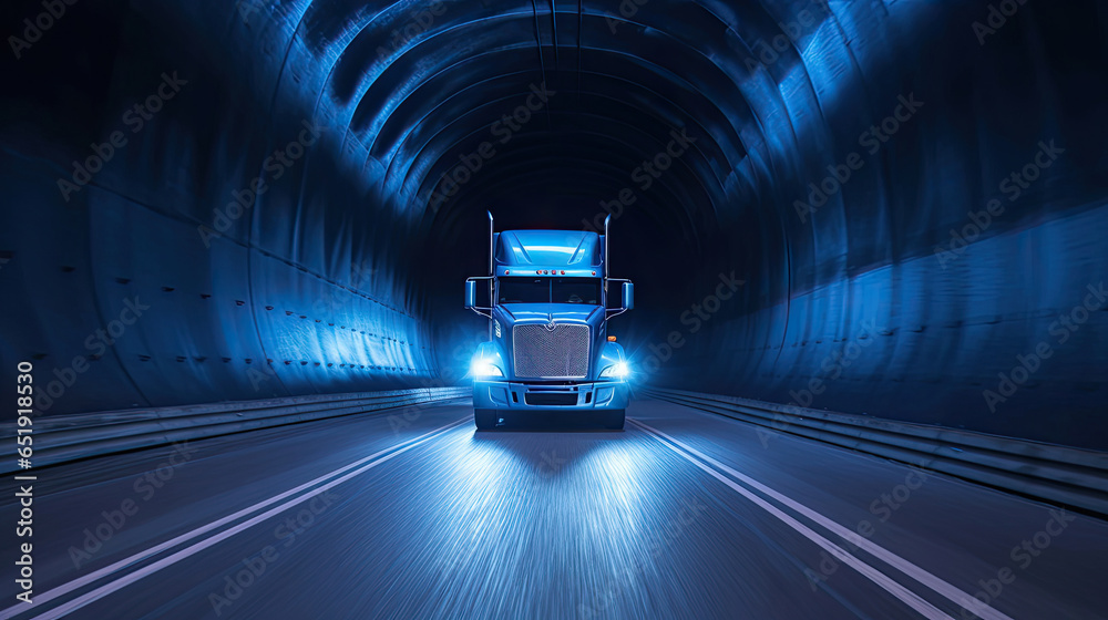 A semi truck at speed in tunnel. Generative Ai - obrazy, fototapety, plakaty 