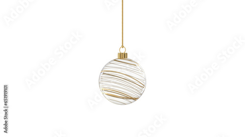 glossy transparent glass christmas ball christmastree with golden tinsel stripes hanging from top upright 3D rendering isolated 