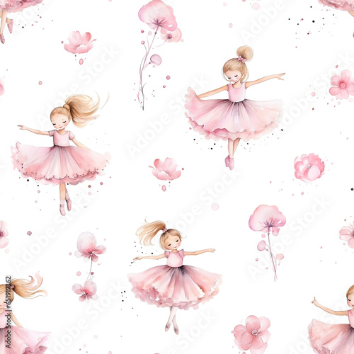 Fotografia Seamless pattern with cute little girls ballerinas and flowers isolated on white background