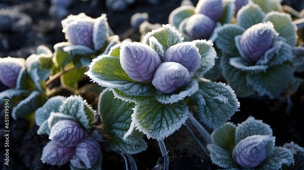 close up of cabbage plant covered in frost, growing outside on a cold icy day, on an allotment in winter - obrazy, fototapety, plakaty 