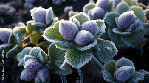 close up of cabbage plant covered in frost, growing outside on a cold icy day, on an allotment in winter photo