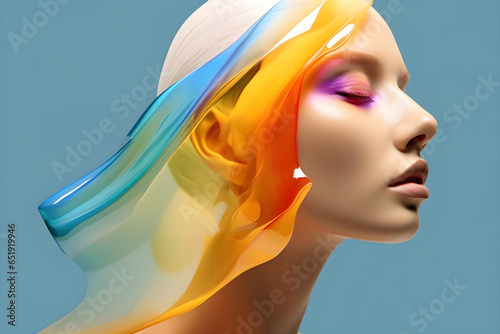 Futuristic woman illustration adorned with liquid transparent glassy wave, sophistic and gentle charm through stylish glasses. Generative AI
 photo