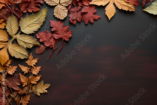 Autumn leaves spread on wooden surface  AI generated.